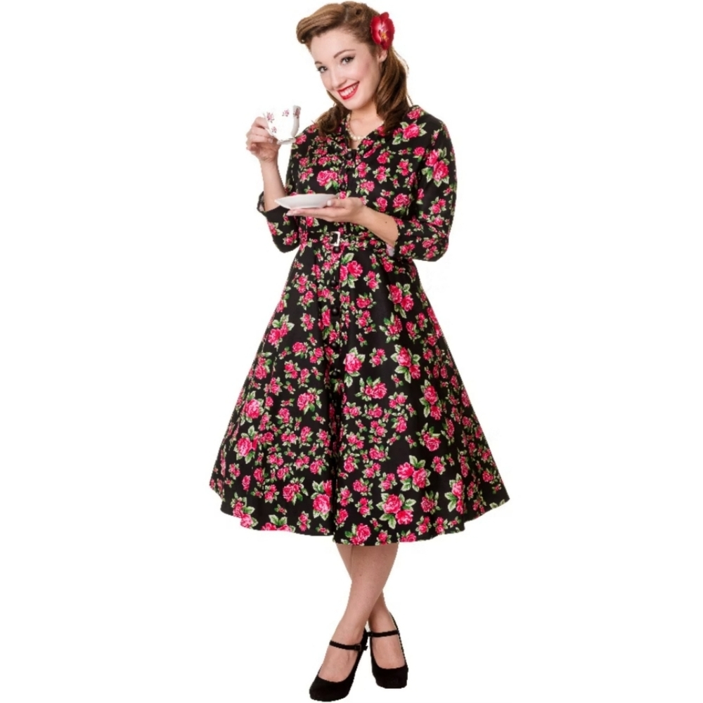 Whispering Ivy NWT‎ 50s Retro Pinup Black Floral Cotton Vintage Inspired Dress